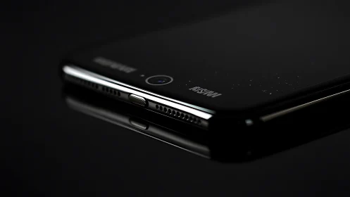 Black smartphone placed at angle on dark reflective surface.