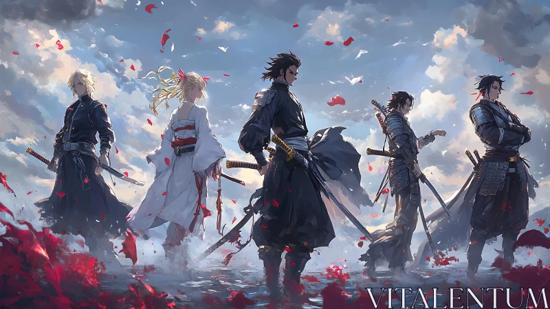 Samurai under rose-torn skies gather in quiet resolve.