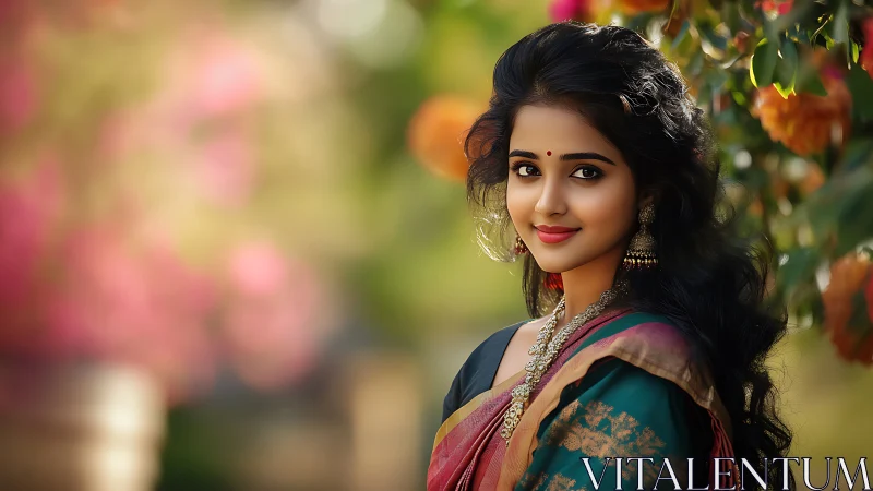 Portrait of Indian woman in sari with shallow depth-of-field bokeh.