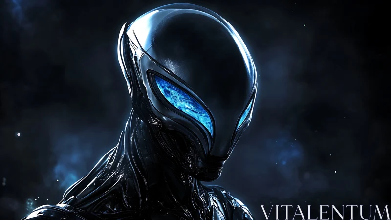 Chromed starborn sentinel with tidal blue nebula eyes.