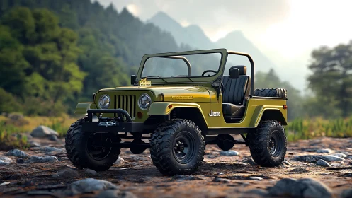 Sunlit trail jeep poised for wild mountain escapes.