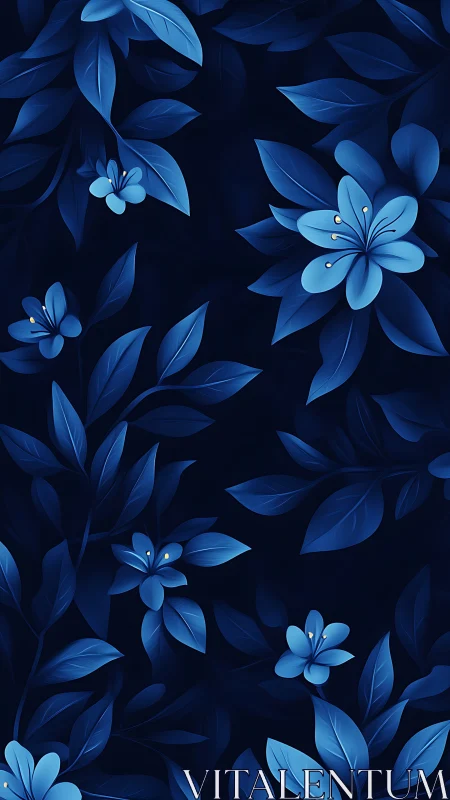 Blue Floral Pattern on Dark Background with Botanical Elements