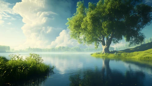 Sunlit lakeside tree dreaming under towering clouds.