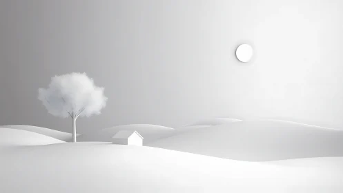 Minimal winter landscape with lone tree and house under sun.