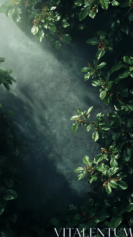 Verdant foliage framing textured emerald concrete wall.