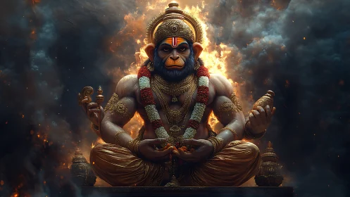 Hanuman-inspired deity figure amid fire and smoke backdrop.