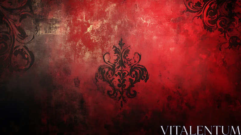 Grunge red damask ornament with distressed vignette texture.