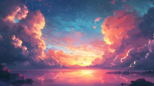 Vivid digital seascape sunset with glowing clouds and stars.