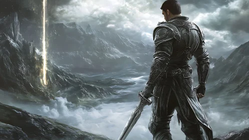 Armored warrior overlooking stormlit valley and falling light.