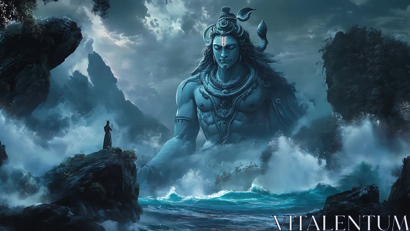 Colossal oceanic Shiva manifestation amid storm-lashed cliffs