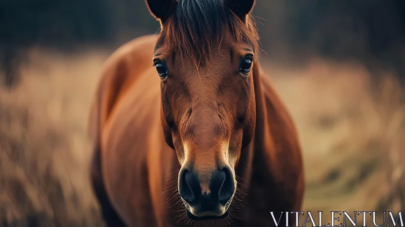 Gentle brown horse gazing softly in a quiet country field.