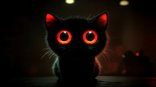 Black cat with oversized glowing red eyes in darkness.