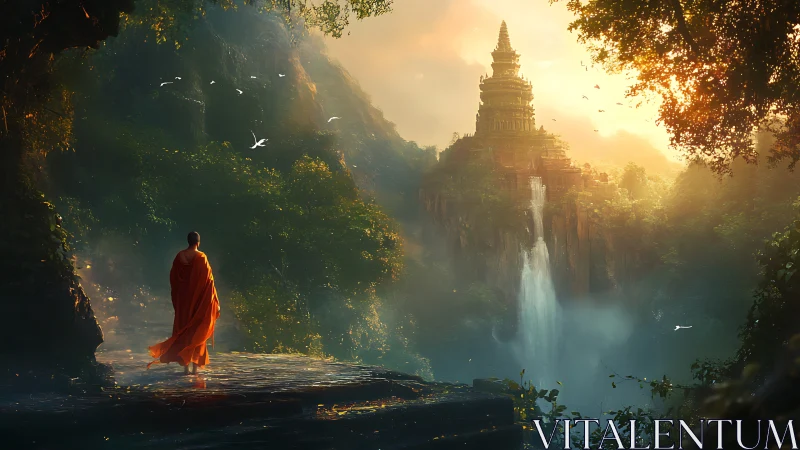 Solitary monk approaching misty temple above falls.