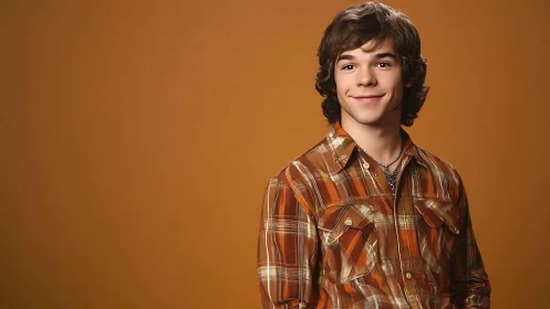 Studio portrait of smiling teen in retro plaid shirt on ochre