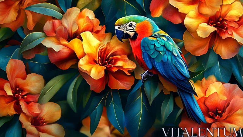 Vibrant Parrot Among Lush Orange Flowers in Digital Art Style.