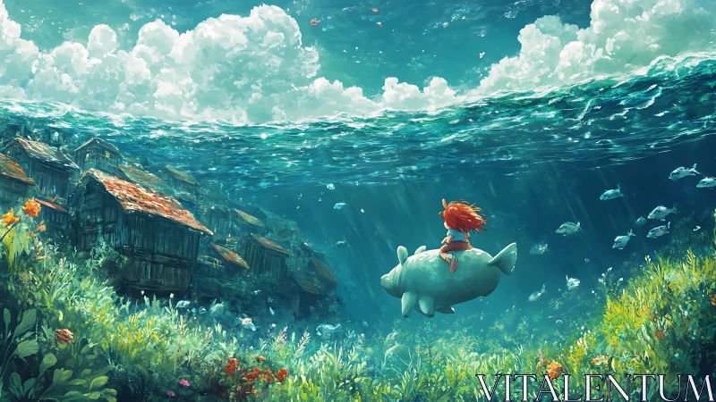 Girl rides fish-shaped creature above submerged village ruins