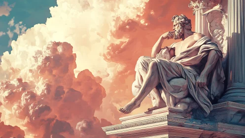 Classical stone statue is positioned before dense cumulus clouds