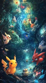Pokemon gather in a glowing enchanted forest vortex