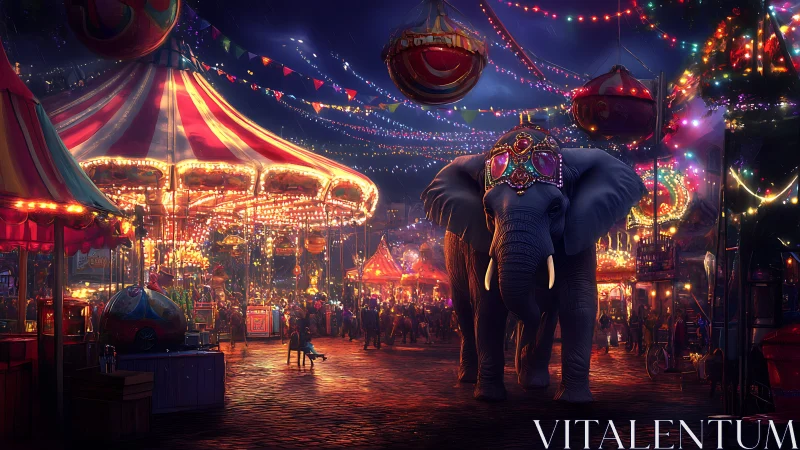 Ornate elephant advances through neon‑lit carnival midway at night