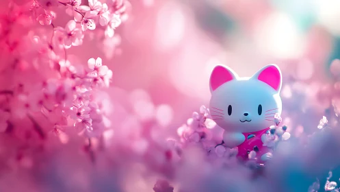 Pastel kitten quietly blooms inside a dreamy cherry cloud