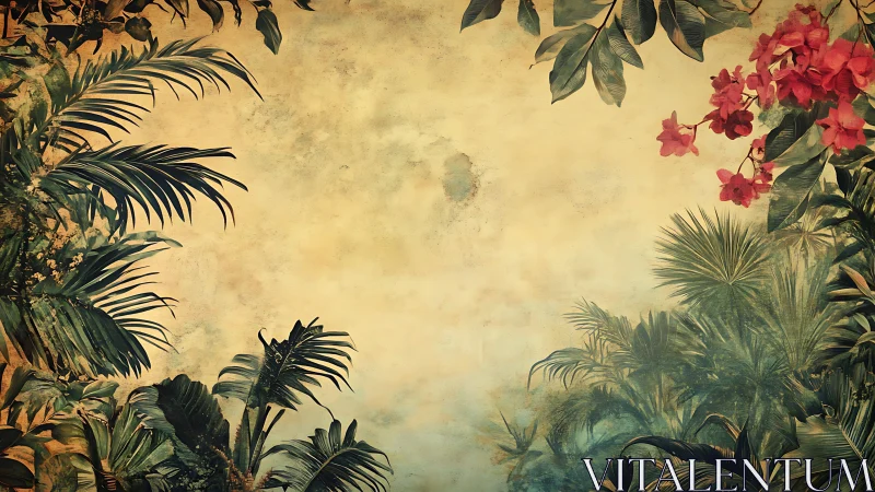 Vintage tropical foliage framing aged parchment sky.