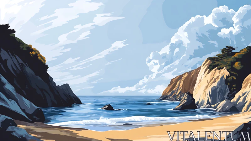 Sunlit coastal cliffs overlook tranquil blue ocean waves