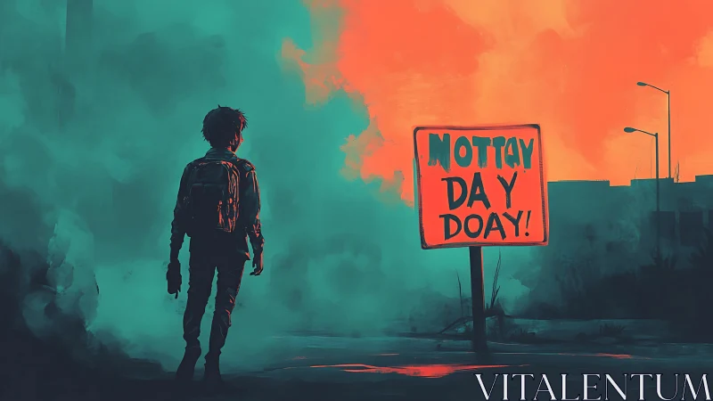 Wanderer pauses by a bold sign in neon painted fog.