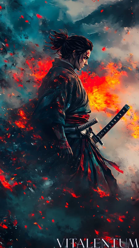 Samurai warrior strides through incendiary ash with dynamic rim lighting