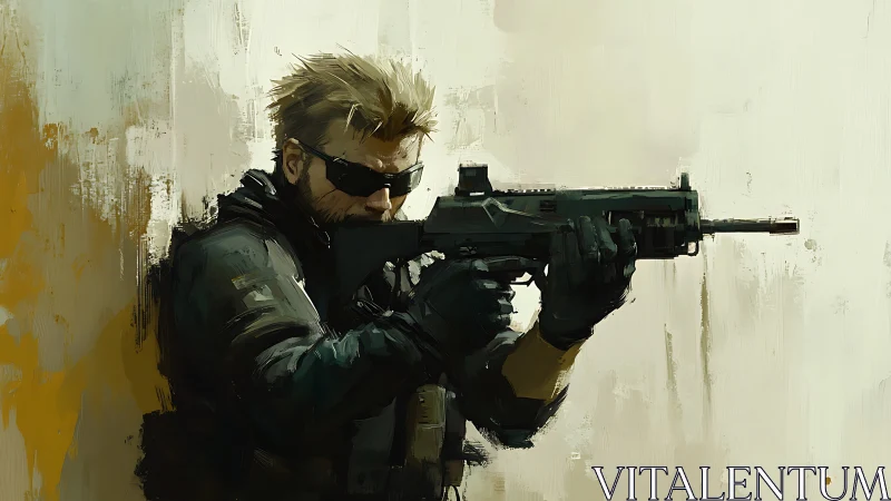 Tactical soldier aims rifle against muted urban wall