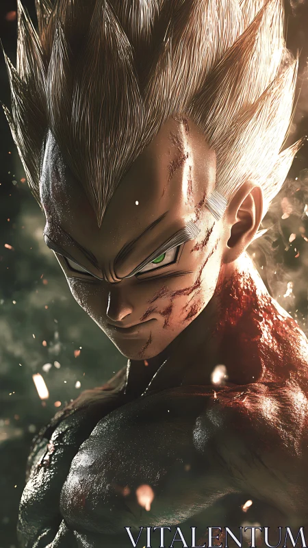 Battle-scarred warrior stares forward under dramatic light