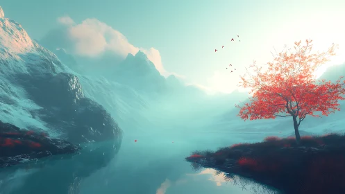 Crimson shoreline tree holds its own against glacial silence