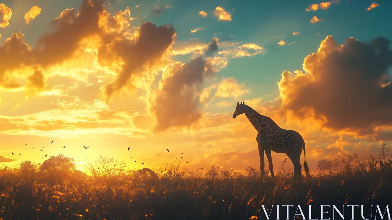 Solitary giraffe contemplates a blazing savanna sunset sky