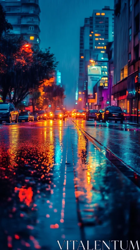 Neon city street glows over wet pavement during rainfall