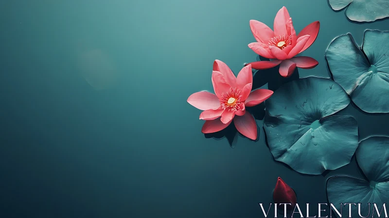 Pink lotus flowers floating on turquoise water pond.