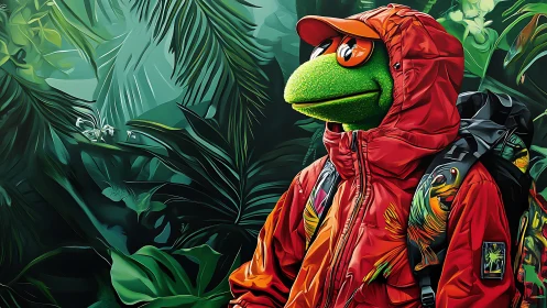 Anthropomorphic frog hiker in saturated red gear navigates jungle