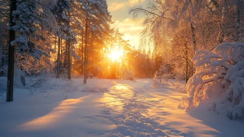 Golden winter sunrise spilling light across quiet forest.