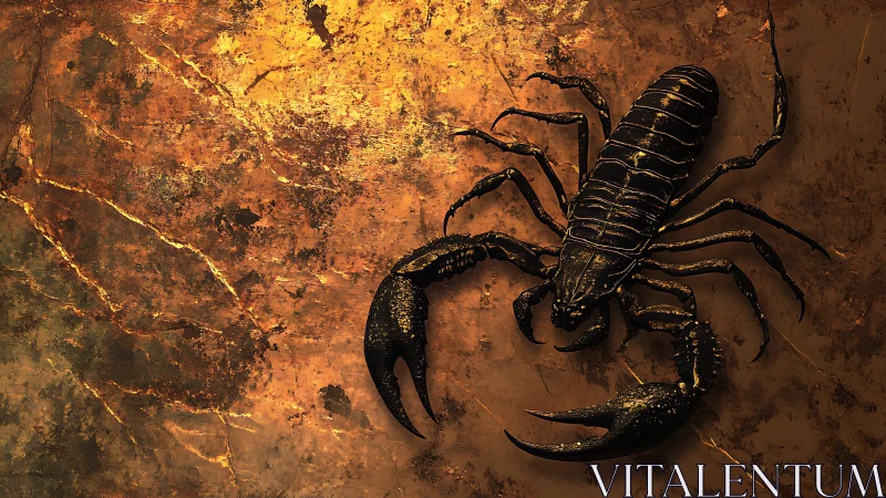Gilded desert scorpion on cracked molten bronze ground.