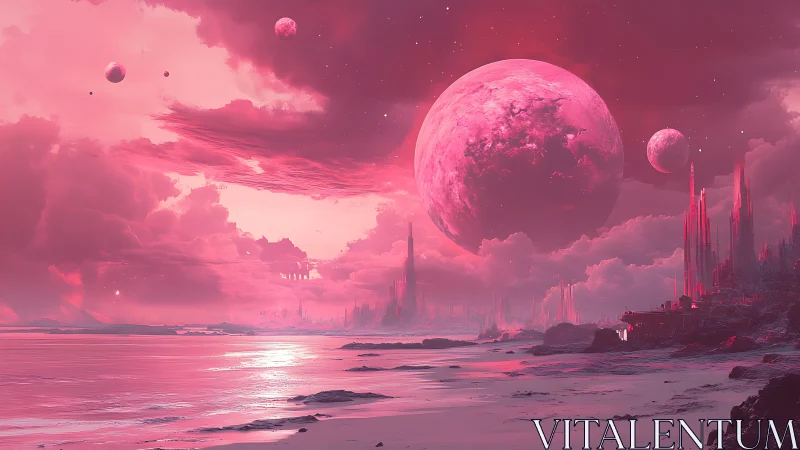 Pink alien shoreline with rising planet and tall spires.