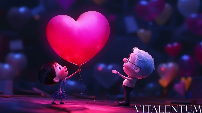 Two Animated Characters Exchange Glowing Heart Balloon