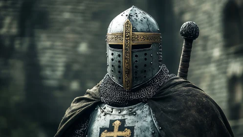 Armored medieval knight stands vigilant before old fortress.