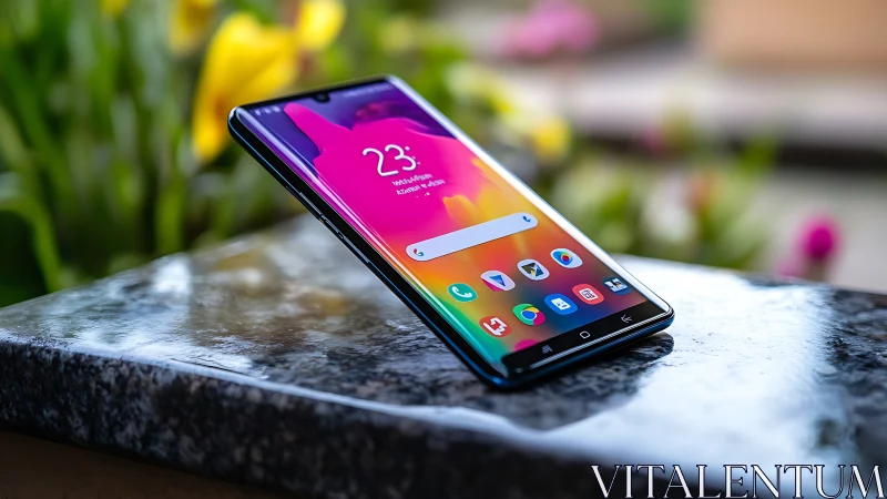 Vibrant Smartphone Display with Gradient Wallpaper on Stone Surface