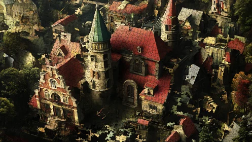 Puzzle-town roofs drift apart as a storybook village unravels