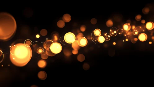 Glowing abstract golden bokeh lights on dark background digital art.