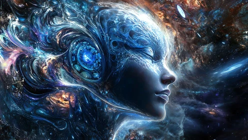 Cybernetic astral portrait with fluid cosmic interface design.