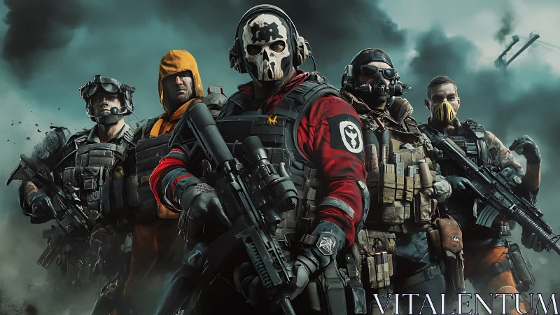 Tactical strike squad in armored combat gear advancing forward.