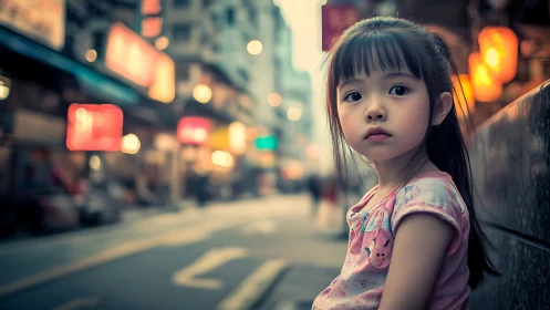 Photorealistic portrait of a child in neon city streetscape.