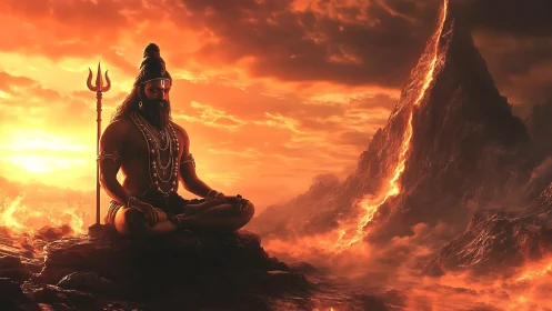 Ascetic deity meditates before volcanic peak in molten dusk