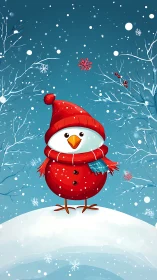 Snowy red bird in cozy winter outfit smiles brightly.