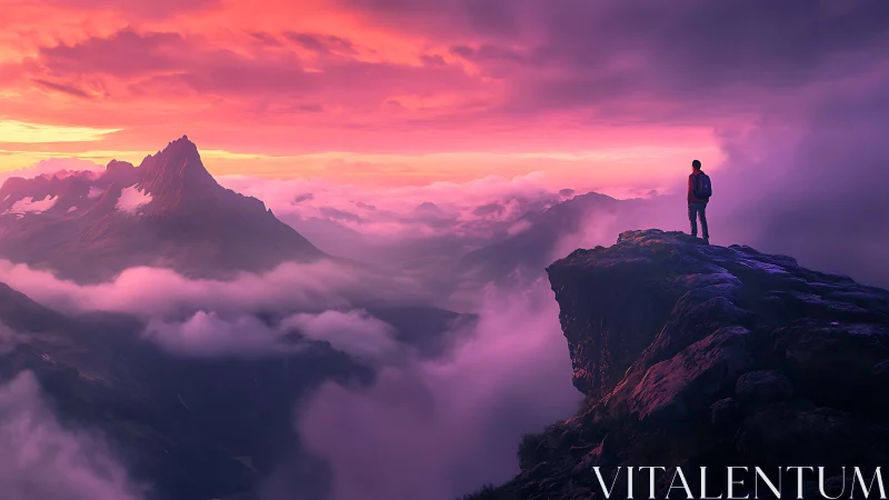 Solitary hiker trades silence with a molten candy sky