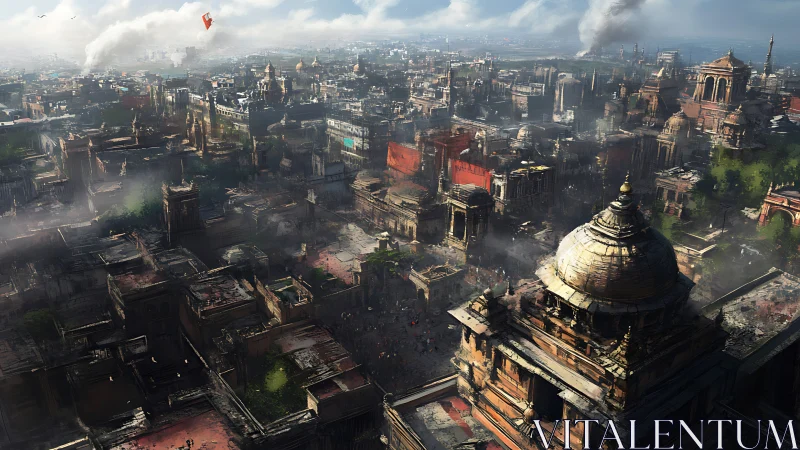 Postwar aerial view of dense neo-classical megacity in haze